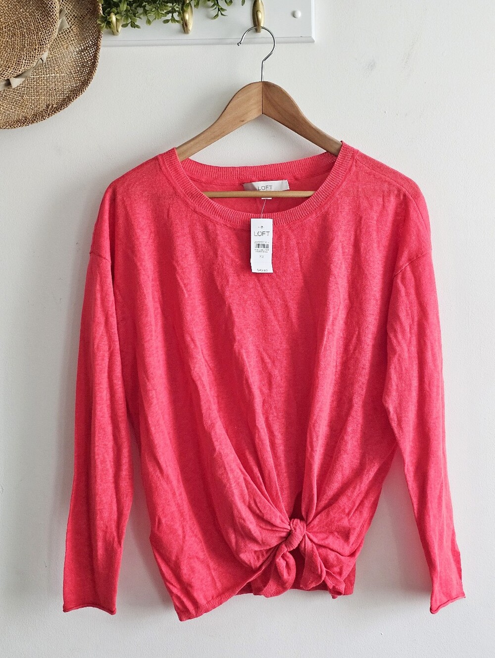 LOFT Linen Blend Tie Front Sweater Top Coral Pink Long Sleeve XS NWT